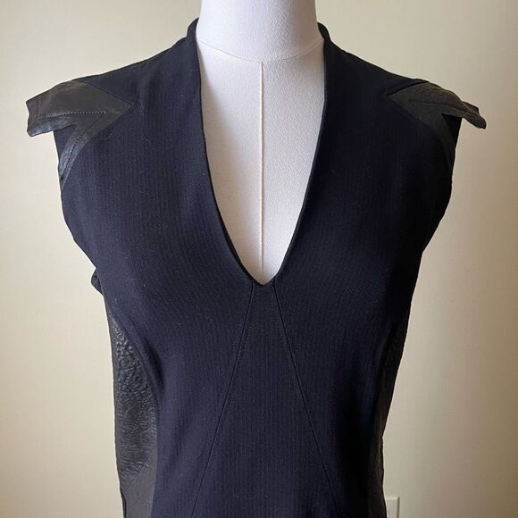 Helmut Lang Blistered Leather Panel Dress Size 10‎ Ribbed Knit V-Neck Sheath - Picture 2 of 9